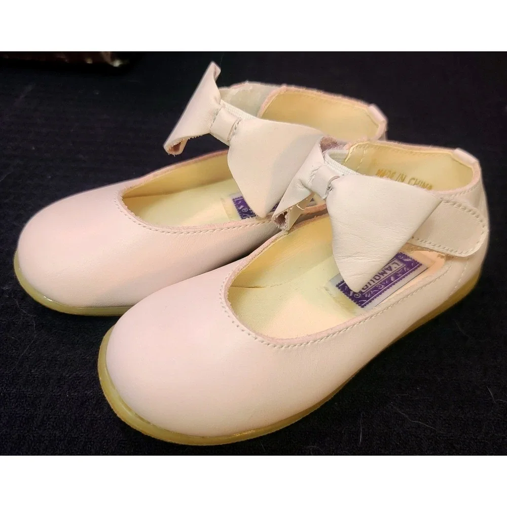 L'Amour Girls Pink Leather Bow Mary Jane Shoes Toddler Size 7 Dress Flats